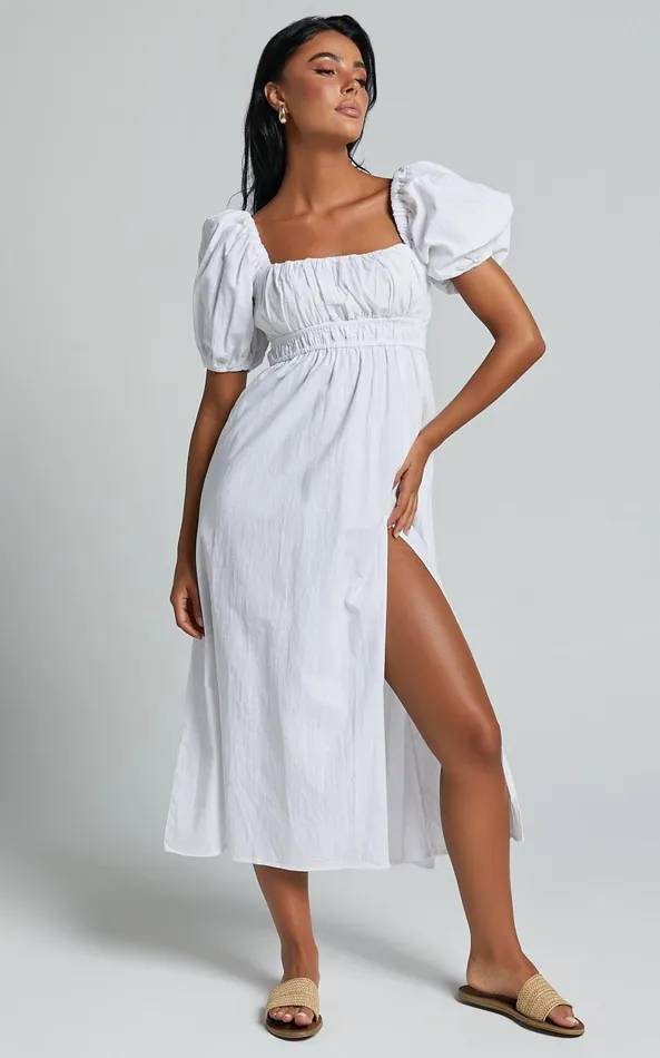 Showpo Jovanie Midi Dress 8211 Square Neck Short Puff Sleeve Elasticated Waist Thigh Split Dress In White Women Dresses
