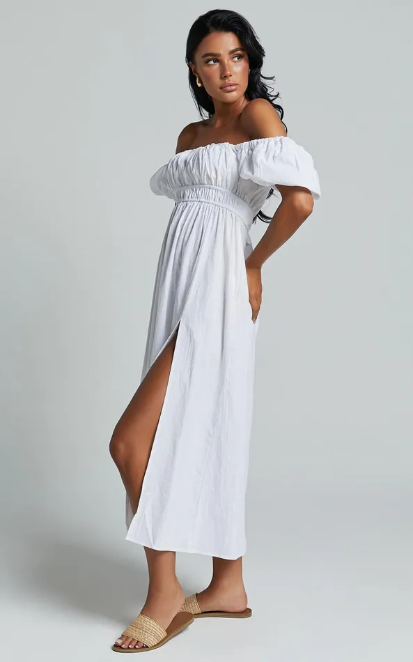 Showpo Jovanie Midi Dress 8211 Square Neck Short Puff Sleeve Elasticated Waist Thigh Split Dress In White Women Dresses