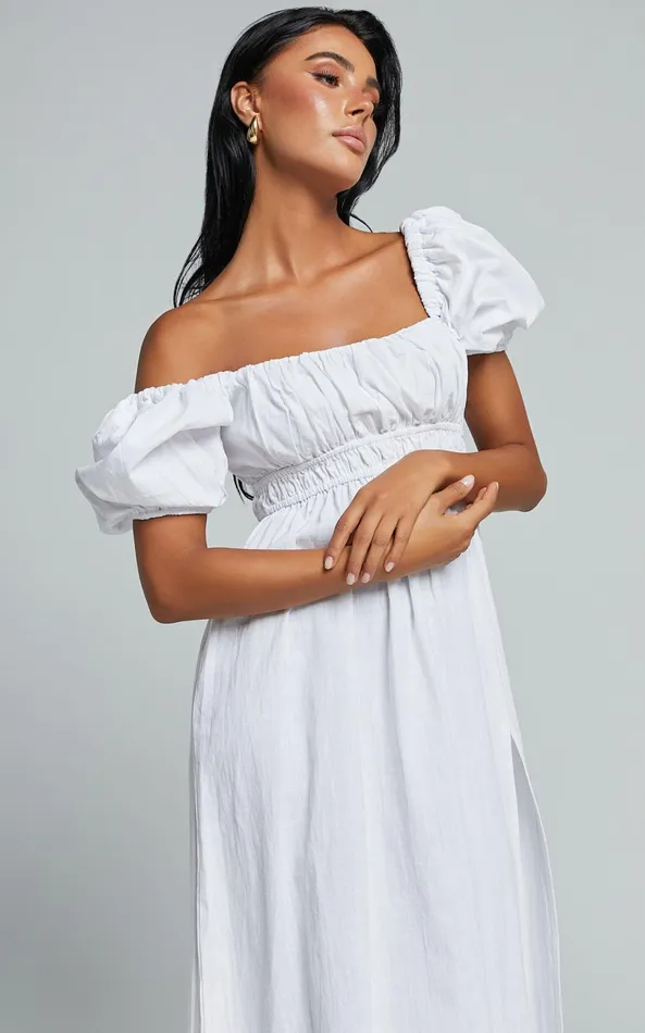 Showpo Jovanie Midi Dress 8211 Square Neck Short Puff Sleeve Elasticated Waist Thigh Split Dress In White Women Dresses