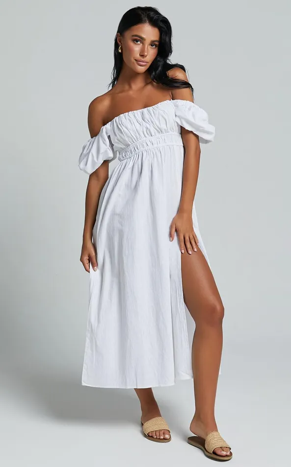 Showpo Jovanie Midi Dress 8211 Square Neck Short Puff Sleeve Elasticated Waist Thigh Split Dress In White Women Dresses