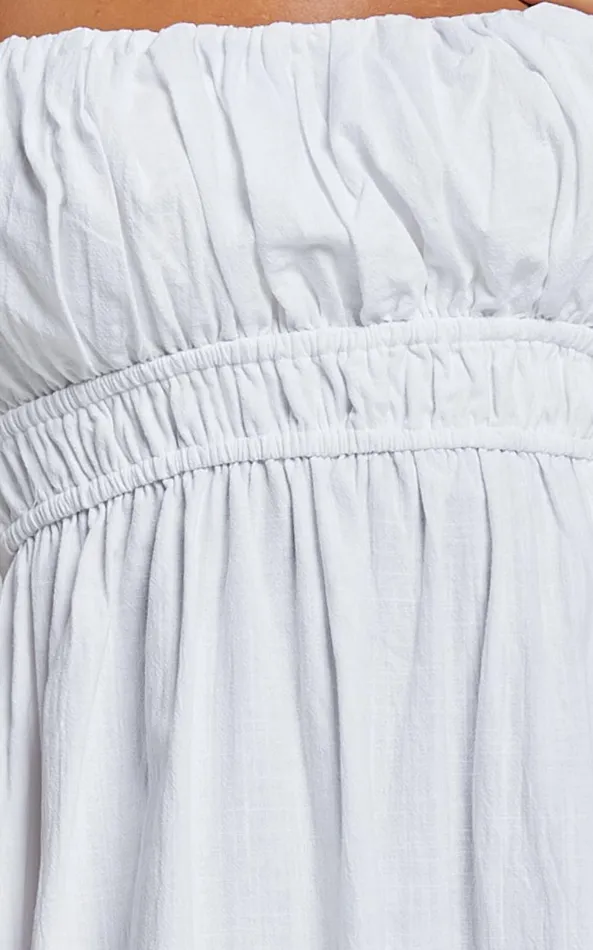 Showpo Jovanie Midi Dress 8211 Square Neck Short Puff Sleeve Elasticated Waist Thigh Split Dress In White Women Dresses
