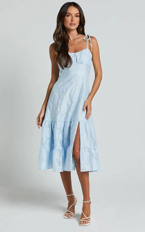 Showpo Jovena Midi Dress 8211 Gathered Bodice Tiered Dress In Blue Women Dresses Showpo Jovena Midi Dress 8211 Gathered Bodice Tiered Dress In Blue Women Dresses