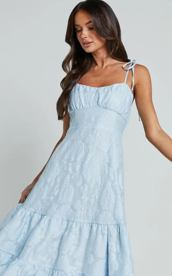 Showpo Jovena Midi Dress 8211 Gathered Bodice Tiered Dress In Blue Women Dresses