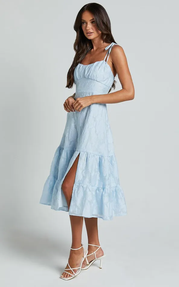 Showpo Jovena Midi Dress 8211 Gathered Bodice Tiered Dress In Blue Women Dresses
