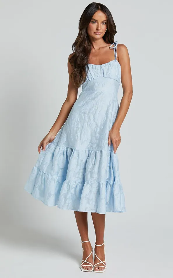 Showpo Jovena Midi Dress 8211 Gathered Bodice Tiered Dress In Blue Women Dresses