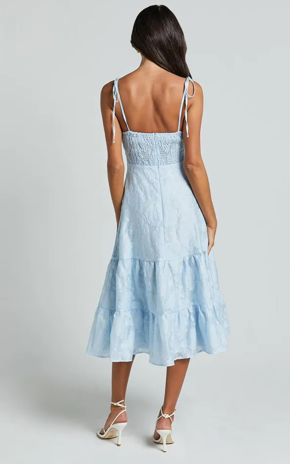 Showpo Jovena Midi Dress 8211 Gathered Bodice Tiered Dress In Blue Women Dresses