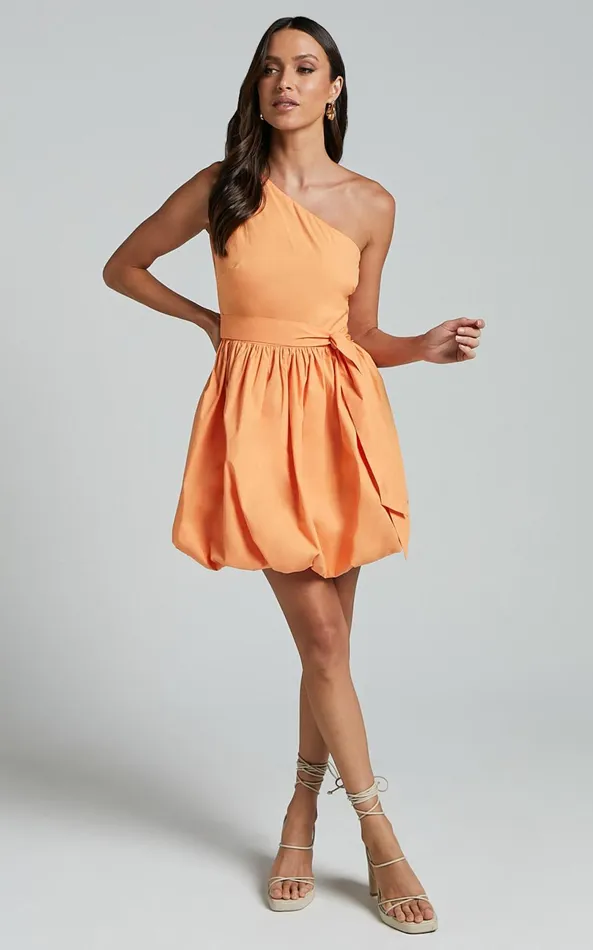 Showpo Jovette Mini Dress 8211 One Shoulder Tie Waist Bubble Hem Dress In Apricot Women Dresses