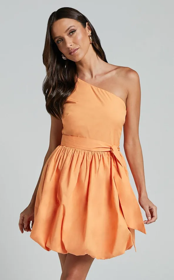 Showpo Jovette Mini Dress 8211 One Shoulder Tie Waist Bubble Hem Dress In Apricot Women Dresses