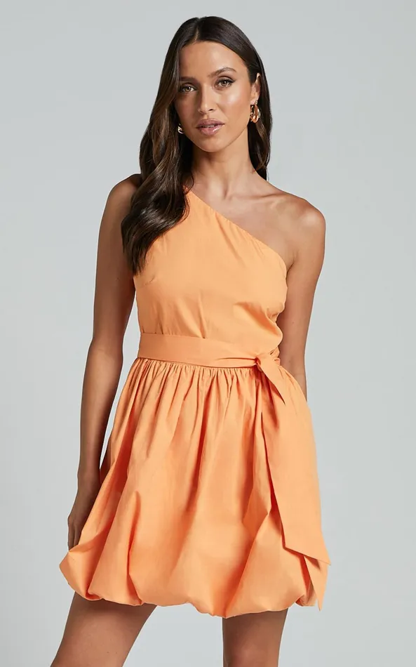 Showpo Jovette Mini Dress 8211 One Shoulder Tie Waist Bubble Hem Dress In Apricot Women Dresses
