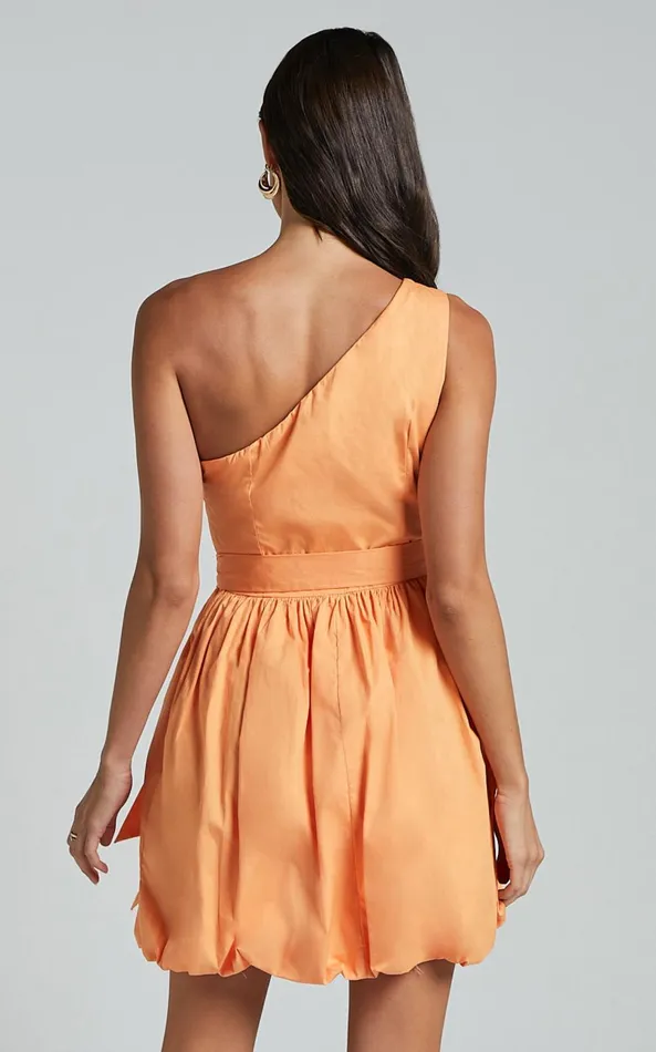 Showpo Jovette Mini Dress 8211 One Shoulder Tie Waist Bubble Hem Dress In Apricot Women Dresses