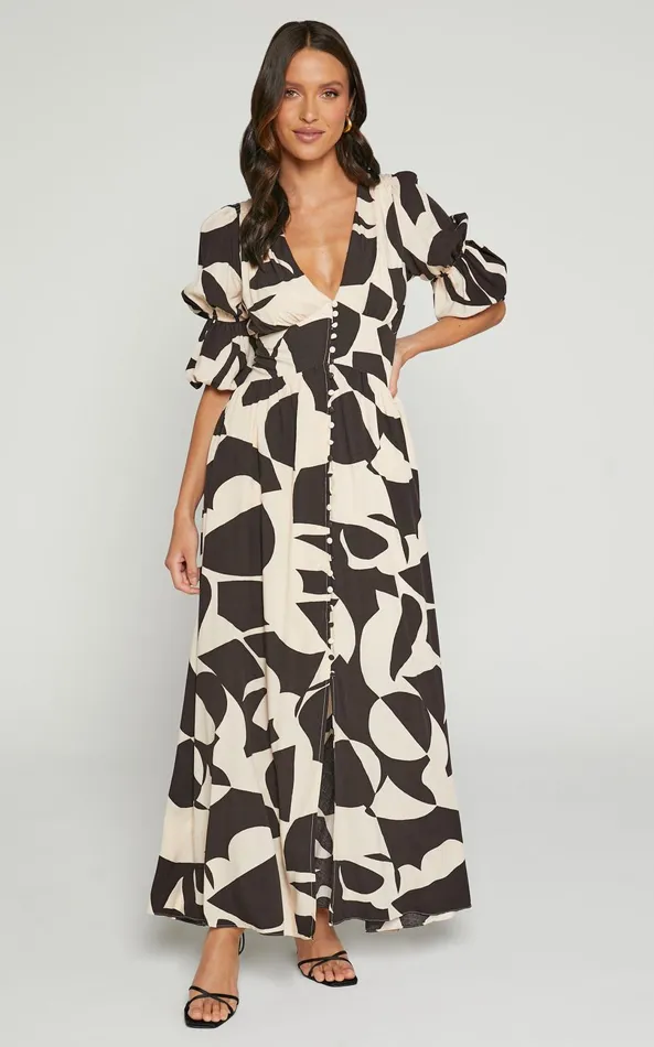 Showpo Jubeth Midi Dress 8211 Deep V Neck Puff Sleeve Dress In Black and Cream Geo Women Dresses Showpo Jubeth Midi Dress 8211 Deep V Neck Puff Sleeve Dress In Black and Cream Geo Women Dresses