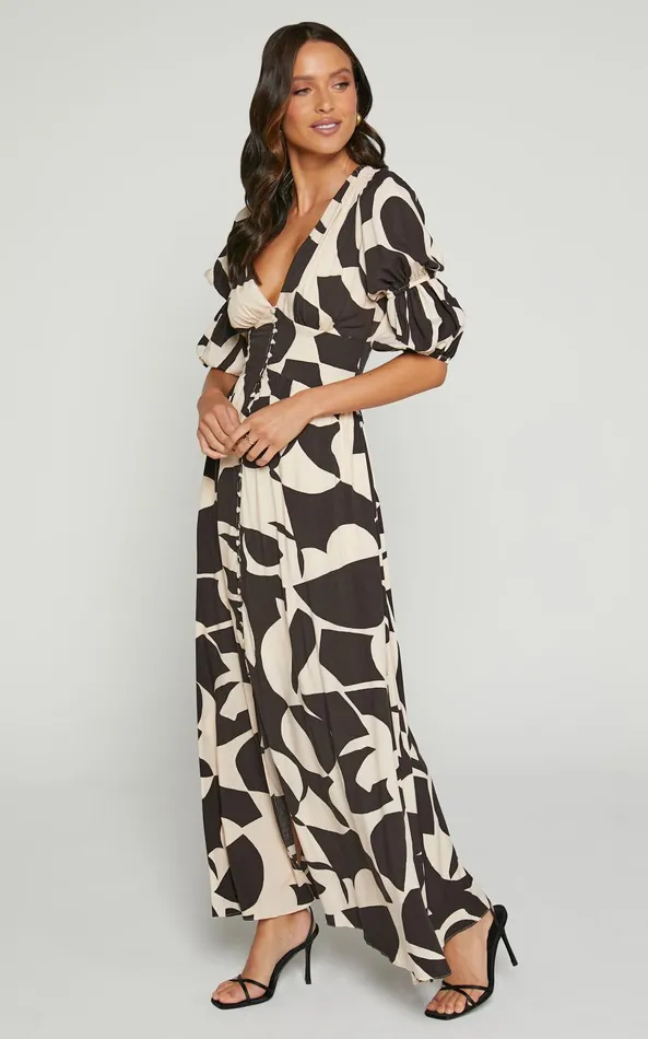 Showpo Jubeth Midi Dress 8211 Deep V Neck Puff Sleeve Dress In Black and Cream Geo Women Dresses