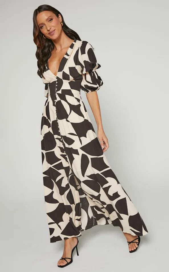 Showpo Jubeth Midi Dress 8211 Deep V Neck Puff Sleeve Dress In Black and Cream Geo Women Dresses