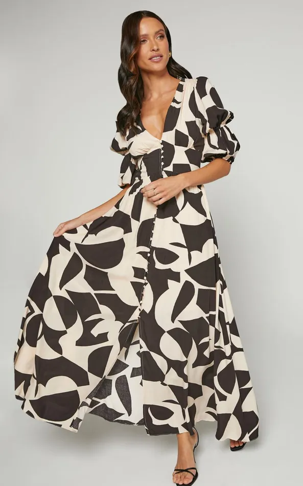 Showpo Jubeth Midi Dress 8211 Deep V Neck Puff Sleeve Dress In Black and Cream Geo Women Dresses