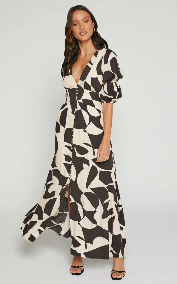 Showpo Jubeth Midi Dress 8211 Deep V Neck Puff Sleeve Dress In Black and Cream Geo Women Dresses