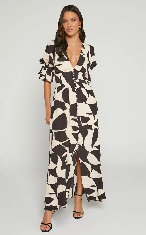 Showpo Jubeth Midi Dress 8211 Deep V Neck Puff Sleeve Dress In Black and Cream Geo Women Dresses