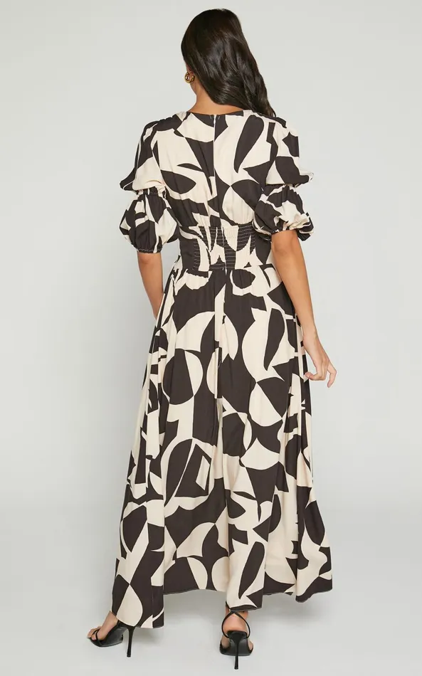 Showpo Jubeth Midi Dress 8211 Deep V Neck Puff Sleeve Dress In Black and Cream Geo Women Dresses