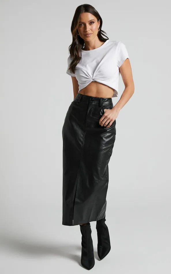 Showpo Jules Midi Skirt 8211 Faux Leather High Waisted Front Split Midi Skirt In Black Women Skirts Showpo Jules Midi Skirt 8211 Faux Leather High Waisted Front Split Midi Skirt In Black Women Skirts