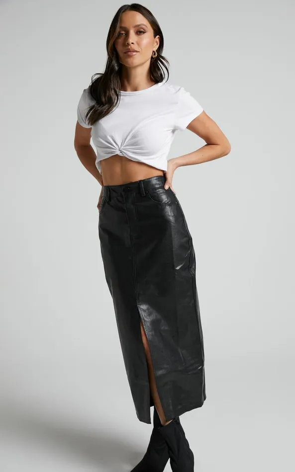 Showpo Jules Midi Skirt 8211 Faux Leather High Waisted Front Split Midi Skirt In Black Women Skirts