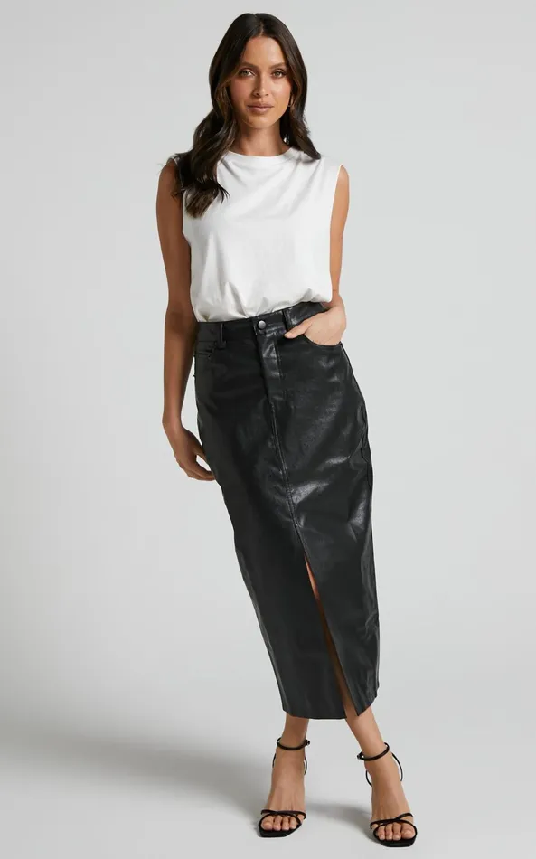 Showpo Jules Midi Skirt 8211 Faux Leather High Waisted Front Split Midi Skirt In Black Women Skirts
