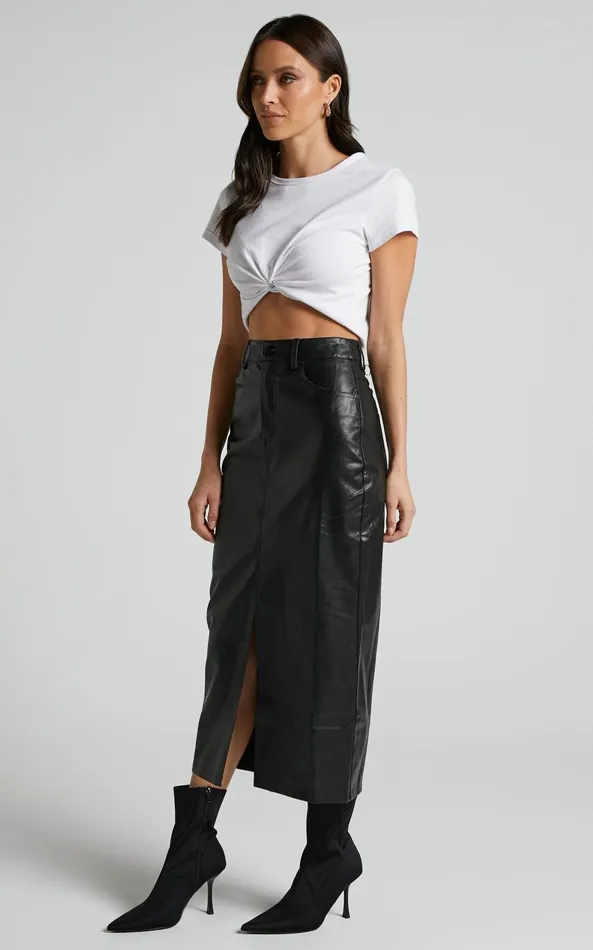 Showpo Jules Midi Skirt 8211 Faux Leather High Waisted Front Split Midi Skirt In Black Women Skirts