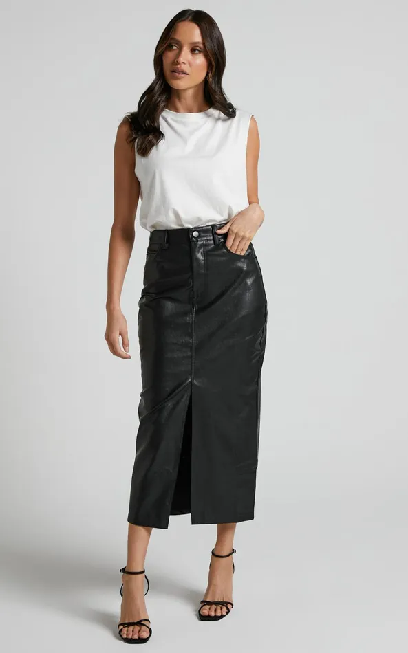 Showpo Jules Midi Skirt 8211 Faux Leather High Waisted Front Split Midi Skirt In Black Women Skirts