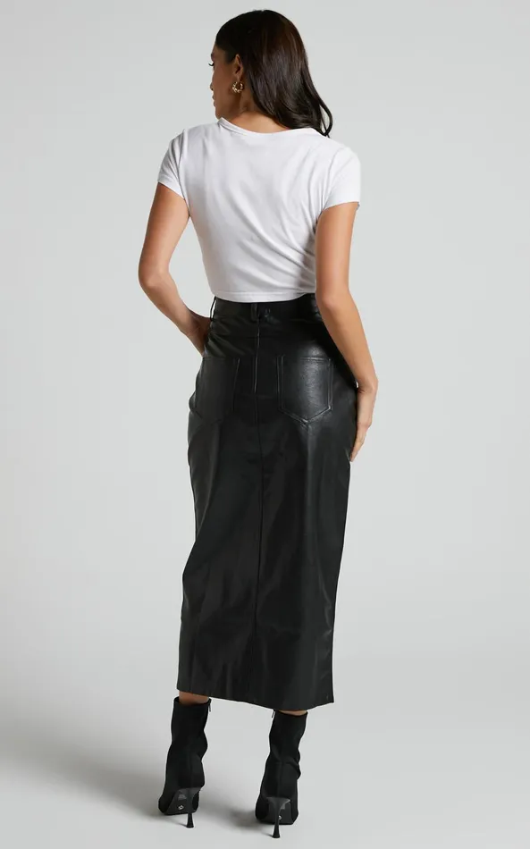 Showpo Jules Midi Skirt 8211 Faux Leather High Waisted Front Split Midi Skirt In Black Women Skirts