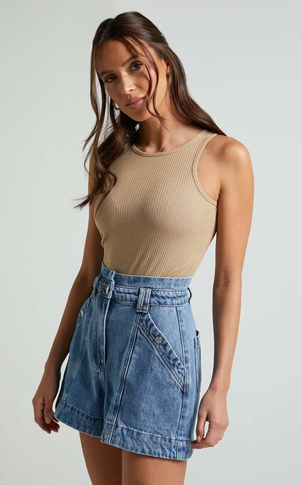 Showpo Julia Bodysuit 8211 High Neck Ribbed Bodysuit In Sand Women Basics