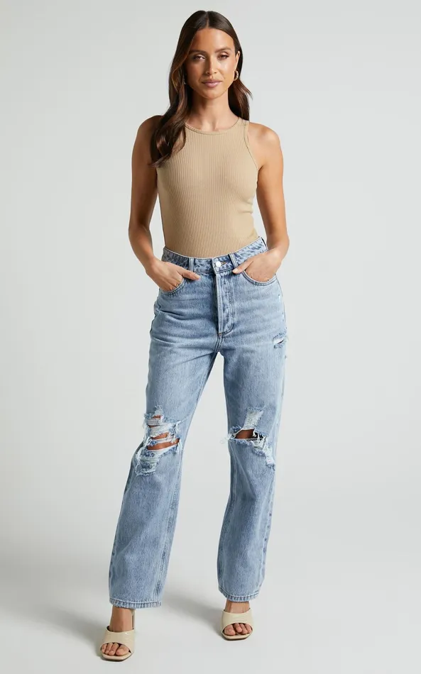 Showpo Julia Bodysuit 8211 High Neck Ribbed Bodysuit In Sand Women Basics
