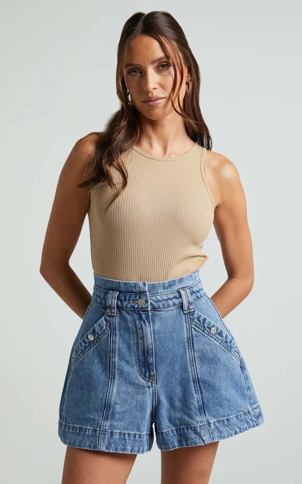 Showpo Julia Bodysuit 8211 High Neck Ribbed Bodysuit In Sand Women Basics