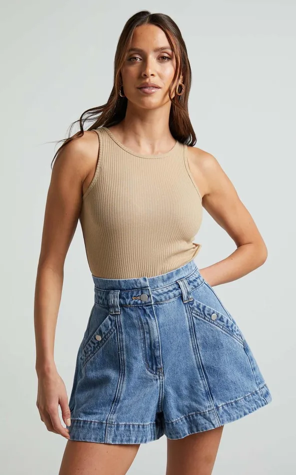 Showpo Julia Bodysuit 8211 High Neck Ribbed Bodysuit In Sand Women Basics