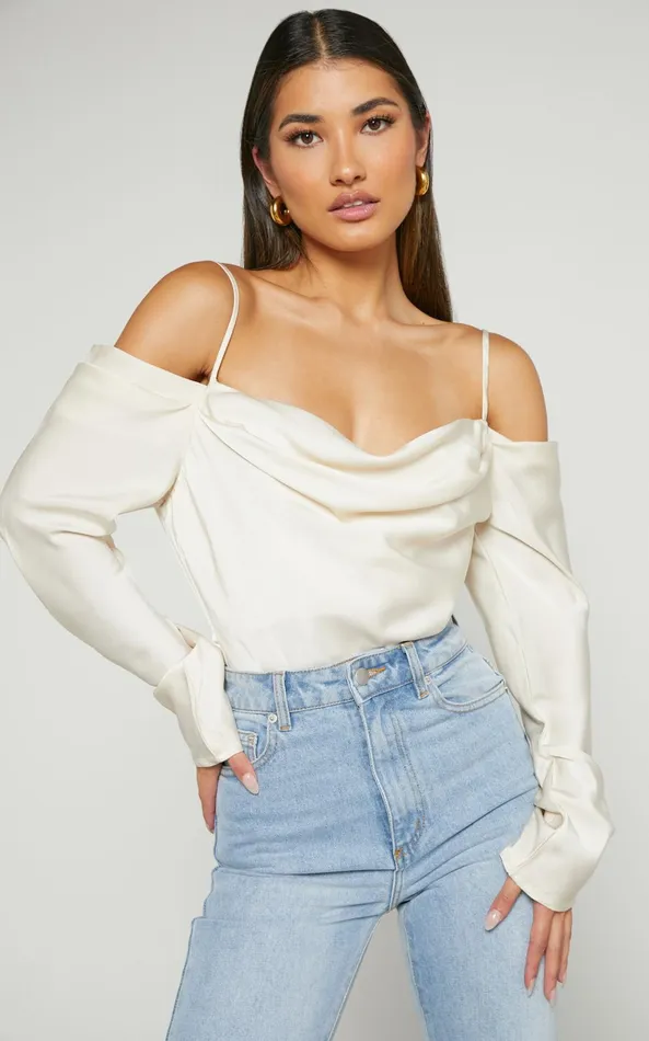 Showpo Julian Top 8211 Off Shoulder Long Sleeve Cowl Neck Top In Ivory Women Curve Clothes