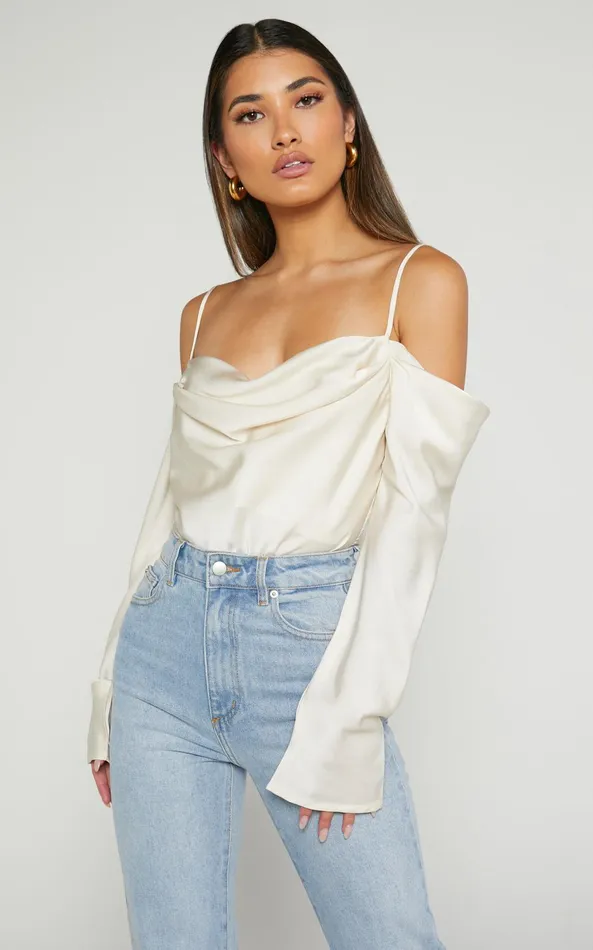Showpo Julian Top 8211 Off Shoulder Long Sleeve Cowl Neck Top In Ivory Women Curve Clothes