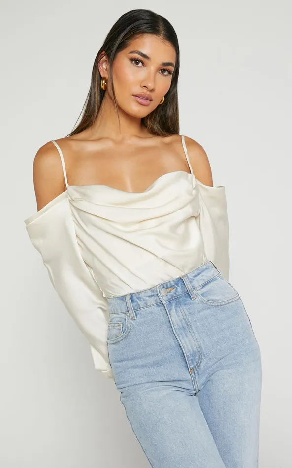 Showpo Julian Top 8211 Off Shoulder Long Sleeve Cowl Neck Top In Ivory Women Curve Clothes