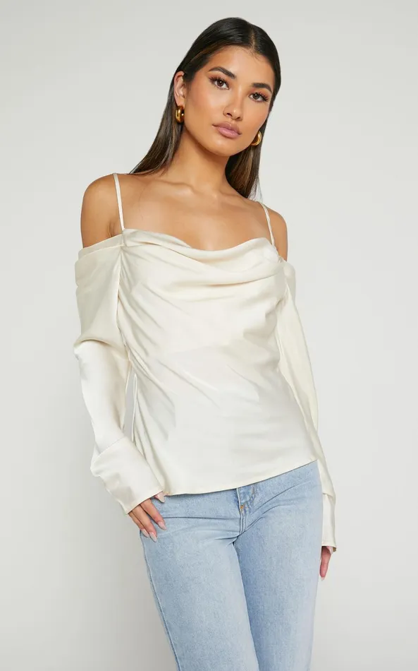 Showpo Julian Top 8211 Off Shoulder Long Sleeve Cowl Neck Top In Ivory Women Curve Clothes
