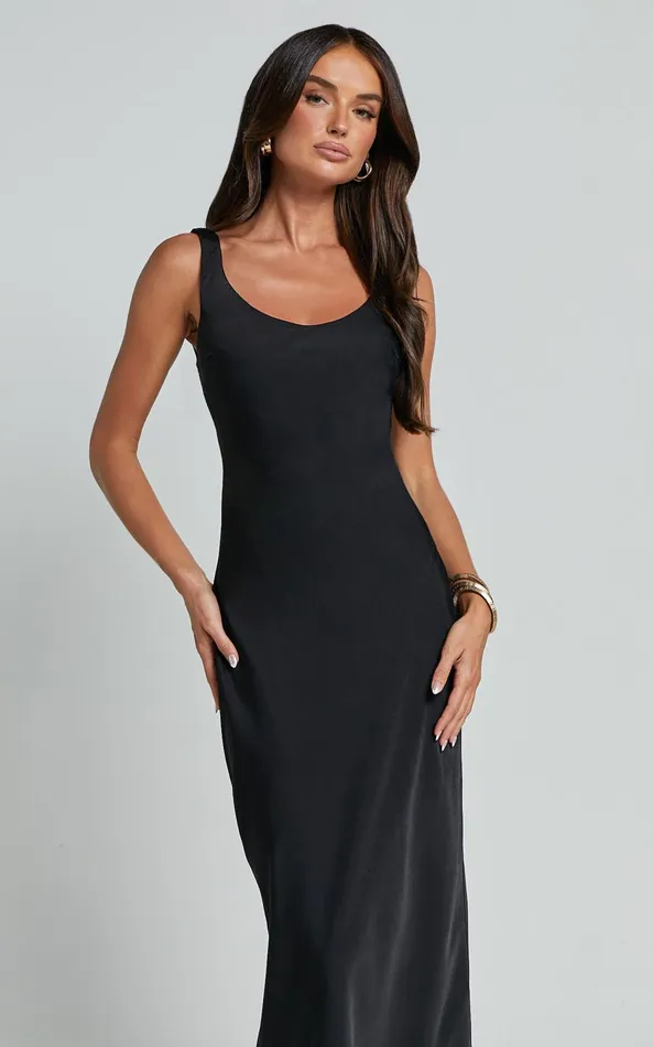 Showpo Julie Midi Dress 8211 Scoop Neck Low Back Satin Slip Dress In Black Women Dresses