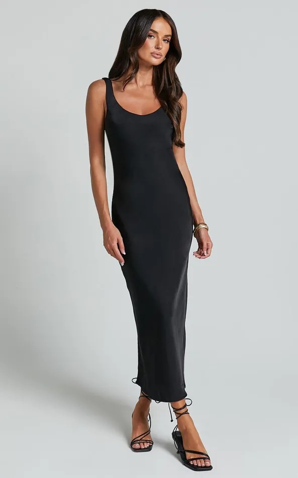 Showpo Julie Midi Dress 8211 Scoop Neck Low Back Satin Slip Dress In Black Women Dresses
