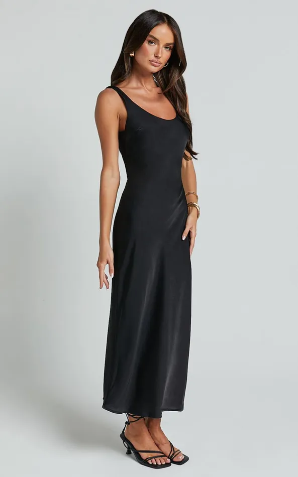 Showpo Julie Midi Dress 8211 Scoop Neck Low Back Satin Slip Dress In Black Women Dresses