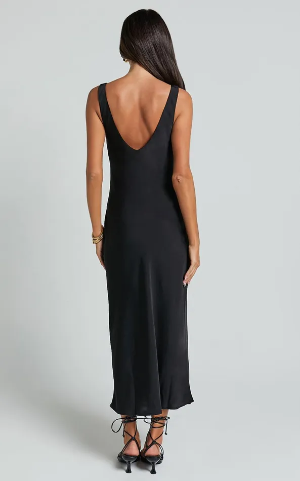 Showpo Julie Midi Dress 8211 Scoop Neck Low Back Satin Slip Dress In Black Women Dresses