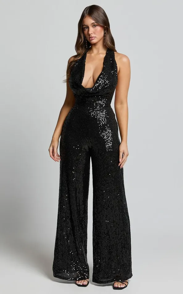 Showpo Julien Jumpsuit 8211 Backless Wide Leg Cowl Neck Sequin Jumpsuit In Black Women Jumpsuits