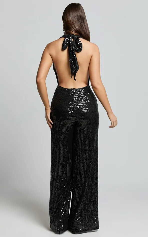Showpo Julien Jumpsuit 8211 Backless Wide Leg Cowl Neck Sequin Jumpsuit In Black Women Jumpsuits