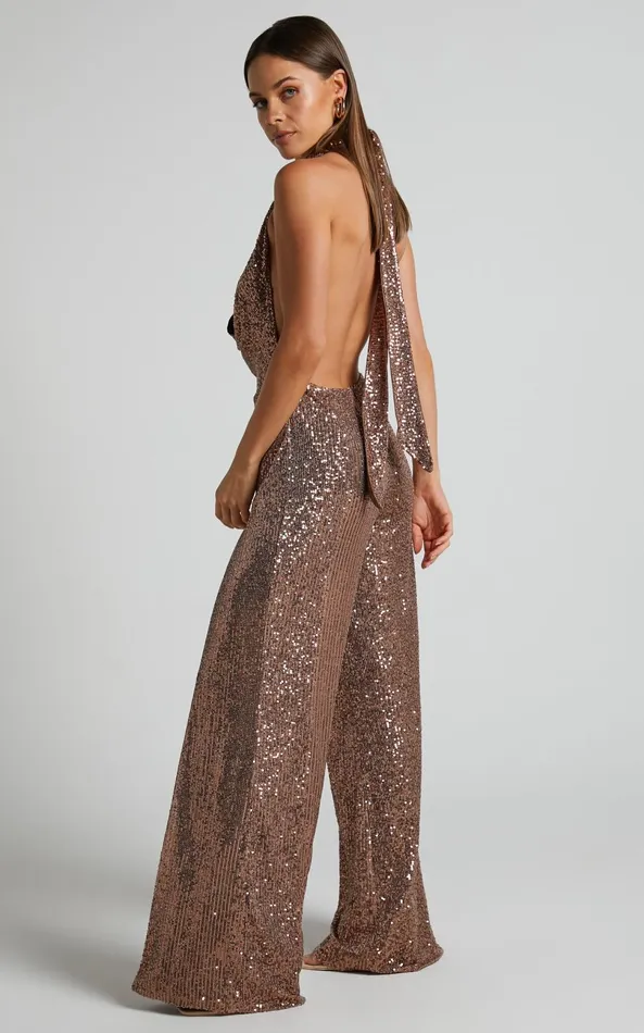 Showpo Julien Jumpsuit 8211 Backless Wide Leg Cowl Neck Sequin Jumpsuit In Bronze Women Jumpsuits