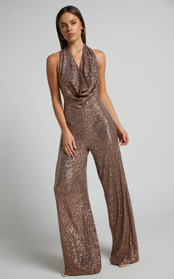 Showpo Julien Jumpsuit 8211 Backless Wide Leg Cowl Neck Sequin Jumpsuit In Bronze Women Jumpsuits