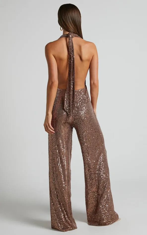Showpo Julien Jumpsuit 8211 Backless Wide Leg Cowl Neck Sequin Jumpsuit In Bronze Women Jumpsuits