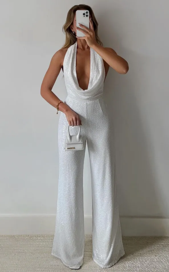 Showpo Julien Jumpsuit 8211 Backless Wide Leg Cowl Neck Sequin Jumpsuit In White Women Jumpsuits