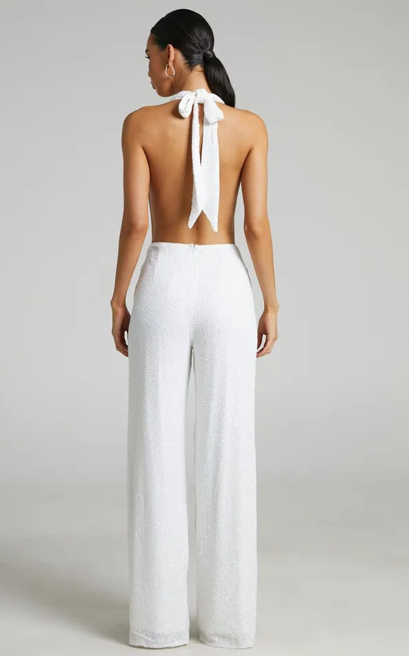 Showpo Julien Jumpsuit 8211 Backless Wide Leg Cowl Neck Sequin Jumpsuit In White Women Jumpsuits