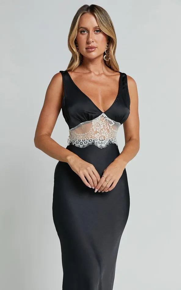 Showpo Juliet Midi Dress 8211 V Neck Lace Insert Satin Slip Dress In BlackBeige Women Dresses