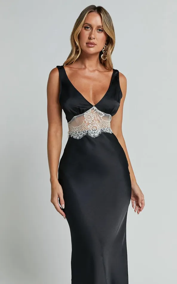 Showpo Juliet Midi Dress 8211 V Neck Lace Insert Satin Slip Dress In BlackBeige Women Dresses
