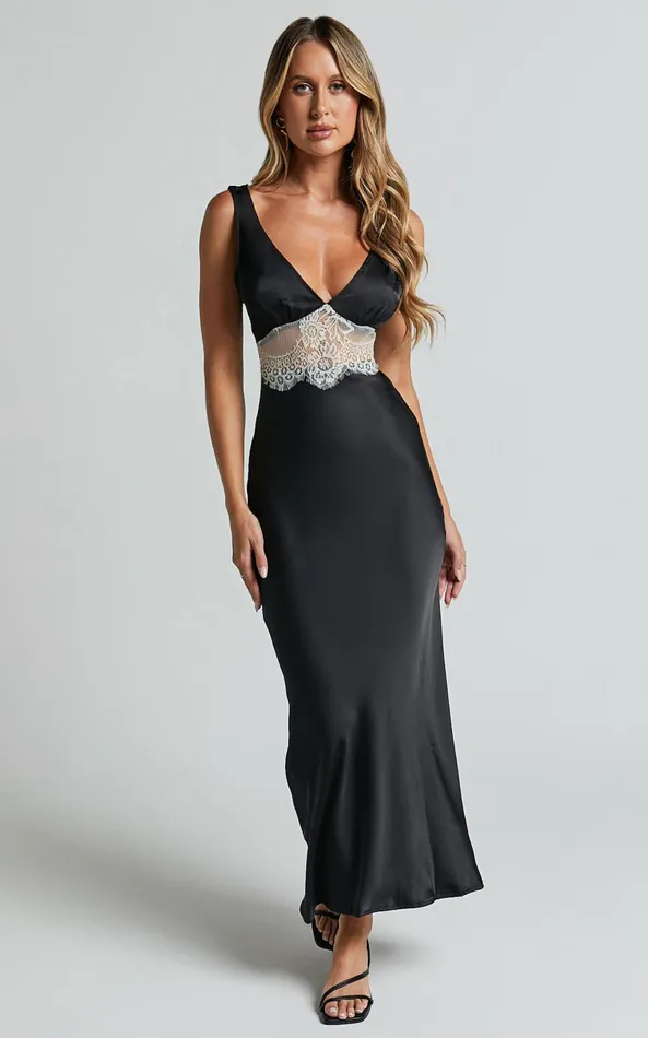 Showpo Juliet Midi Dress 8211 V Neck Lace Insert Satin Slip Dress In BlackBeige Women Dresses