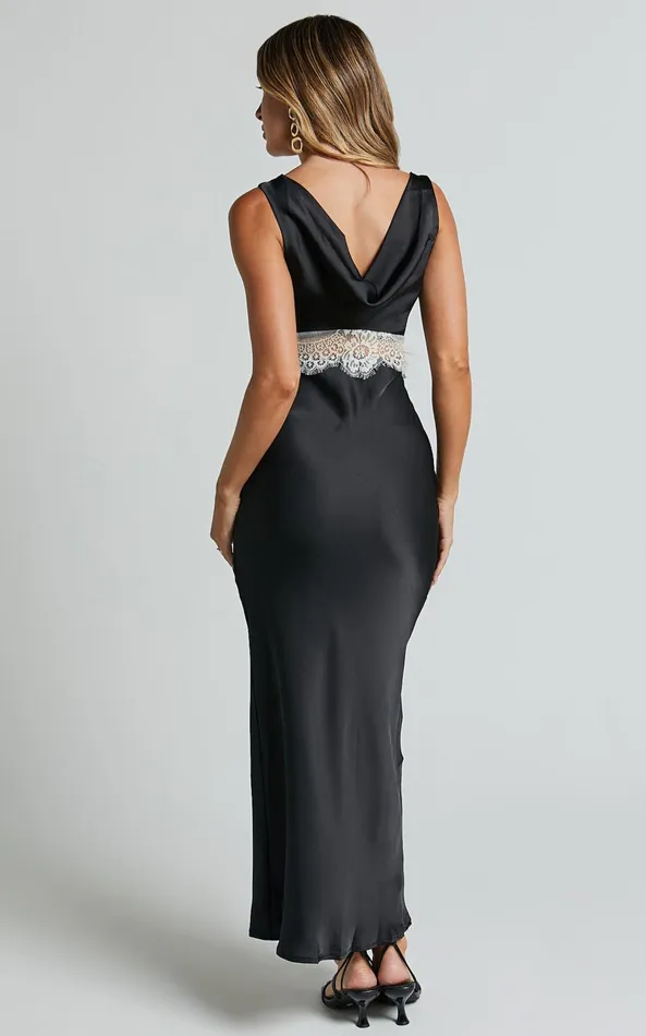 Showpo Juliet Midi Dress 8211 V Neck Lace Insert Satin Slip Dress In BlackBeige Women Dresses